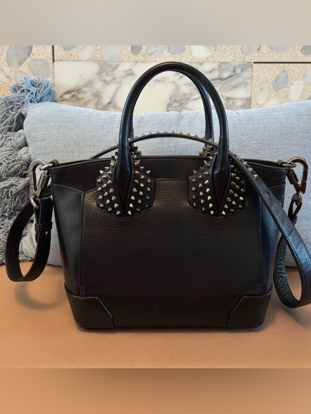 Authentic Christian Louboutin Small Eloise Black Leather Spiked Tote Crossbody⁠